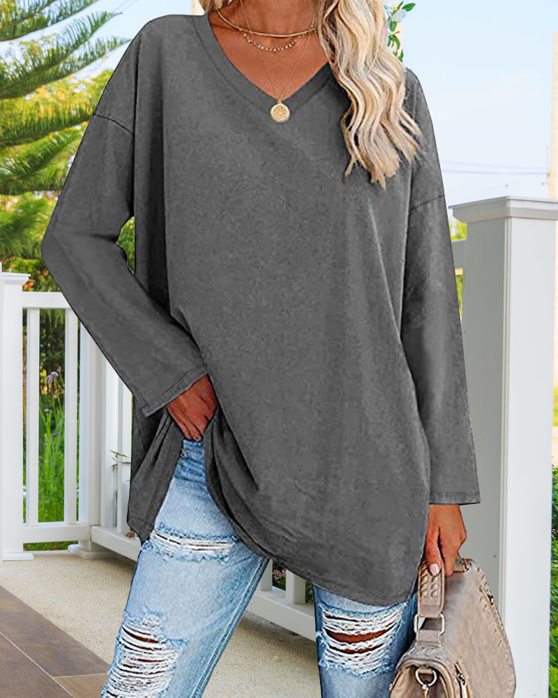 Maison Lefèvre™ | T-shirt femme uni col V manches longues