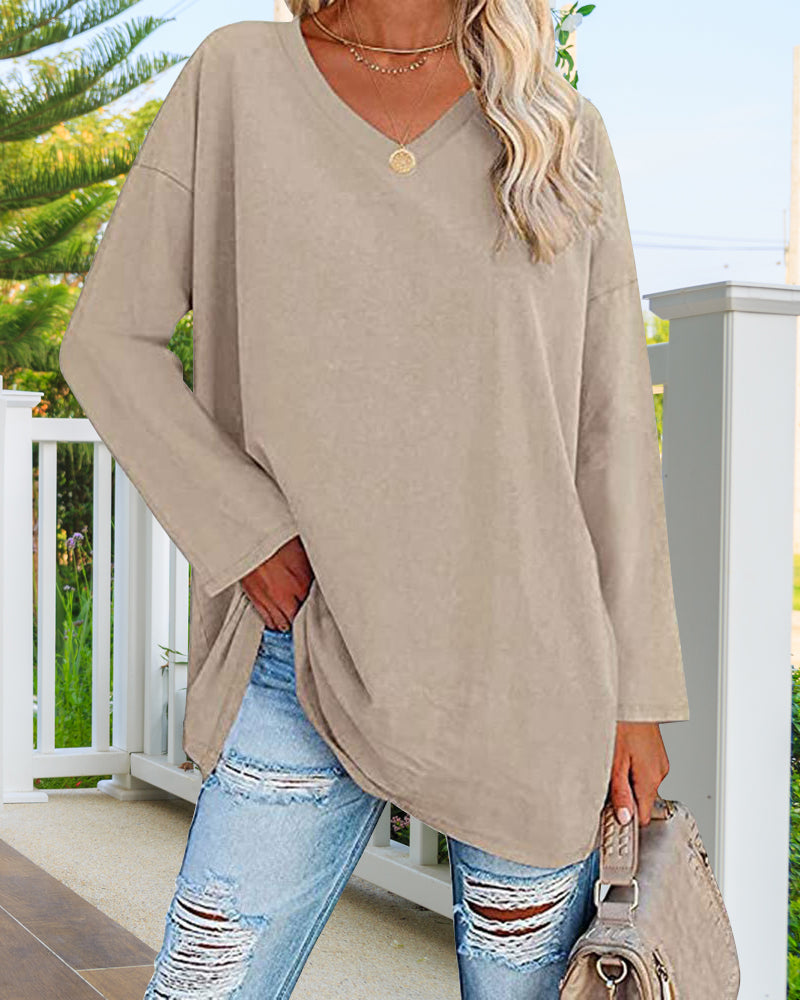 Maison Lefèvre™ | T-shirt femme uni col V manches longues
